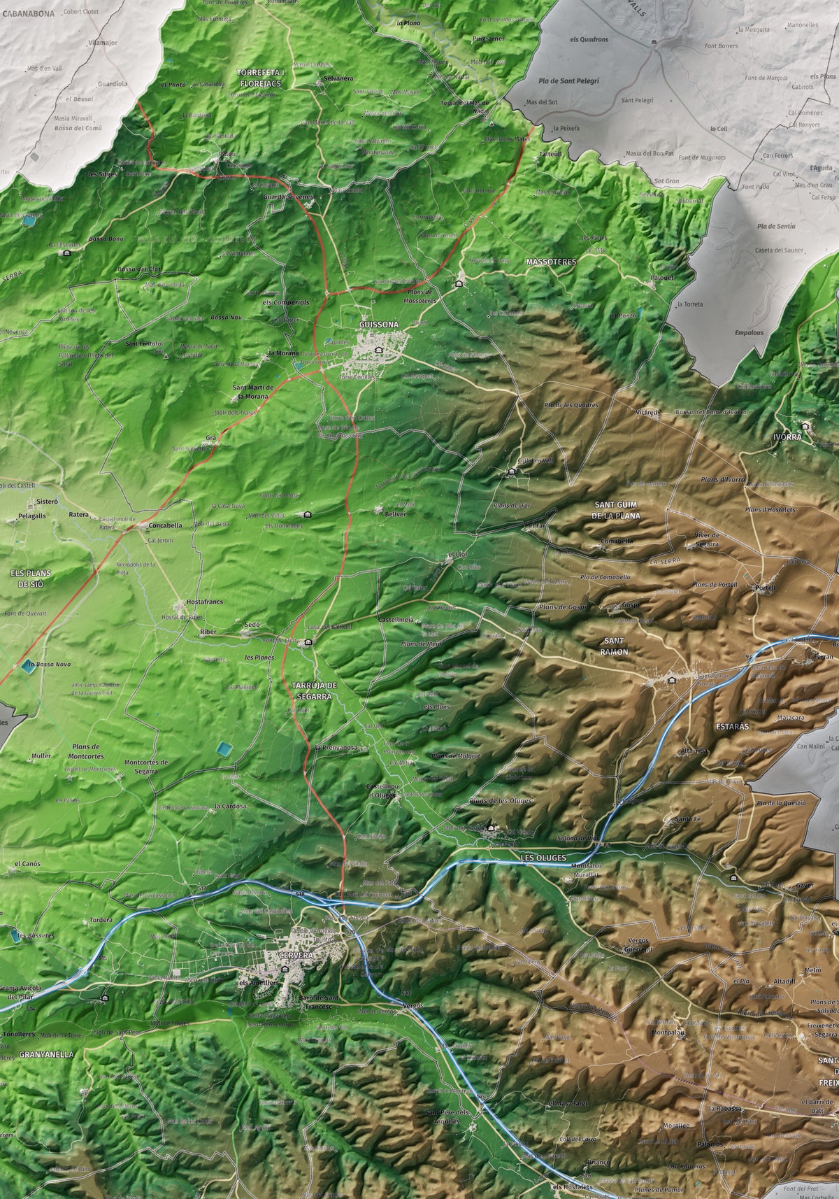 Mapa de relleu de la Segarra, amb el territori en color i l’entorn en blanc. Detall de la part central. 70 × 100 cm. Estil Clàssic.