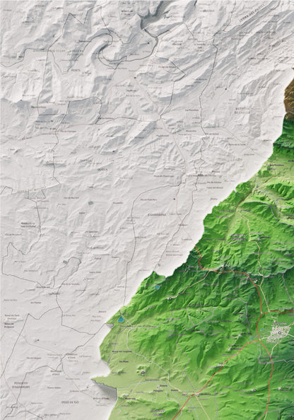 Mapa de relleu de la Segarra, amb el territori en color i l’entorn en blanc. Detall de la part superior esquerra. 70 × 100 cm. Estil Clàssic.