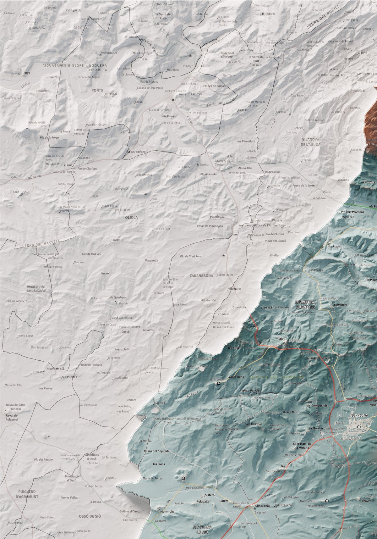 Mapa de relleu de la Segarra, amb el territori en color i l’entorn en blanc. Detall de la part superior esquerra. 70 × 100 cm. Estil Blau i taronja.