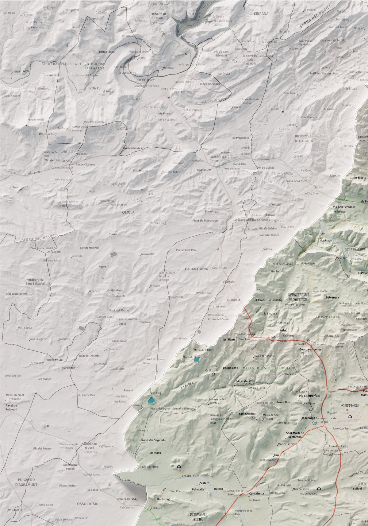 Mapa de relleu de la Segarra, amb el territori en color i l’entorn en blanc. Detall de la part superior esquerra. 70 × 100 cm. Estil Cartogràfic.
