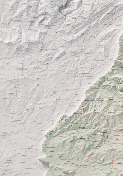Mapa de relleu de la Segarra, amb el territori en color i l’entorn en blanc. Detall de la part superior esquerra. 70 × 100 cm. Estil Cartogràfic.