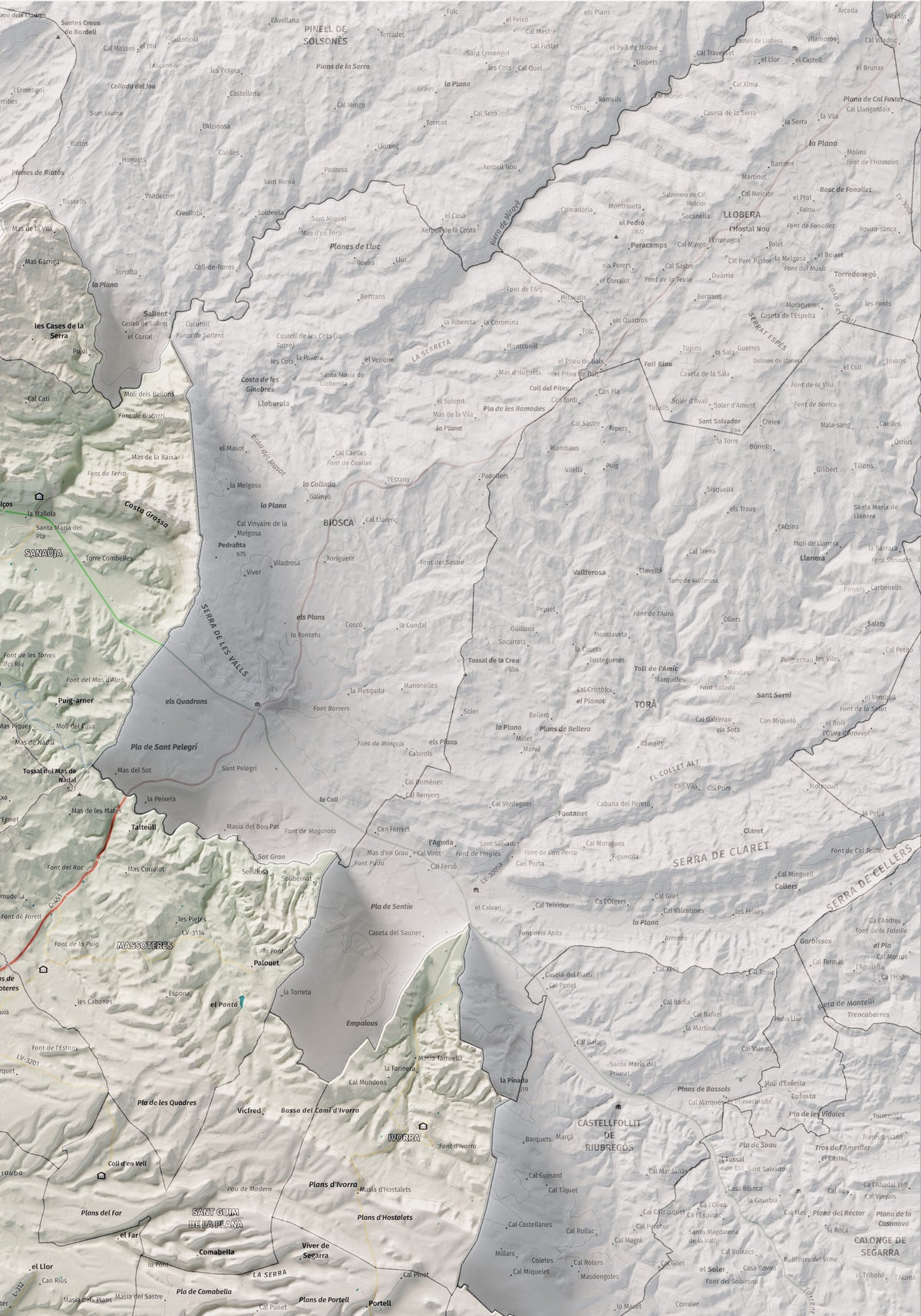 Mapa de relleu de la Segarra, amb el territori en color i l’entorn en blanc. Detall de la part superior dreta. 70 × 100 cm. Estil Cartogràfic.