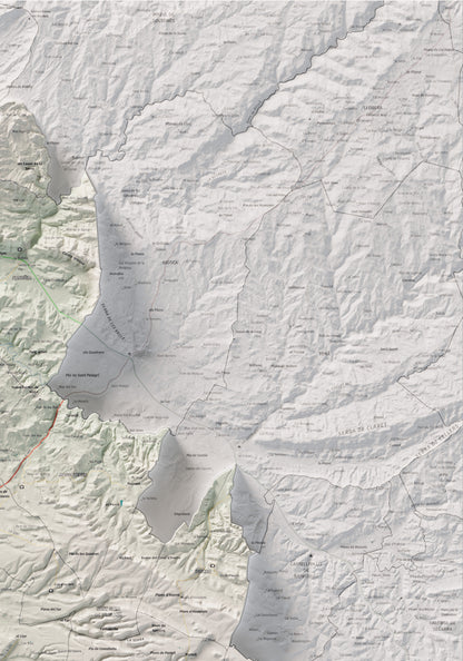 Mapa de relleu de la Segarra, amb el territori en color i l’entorn en blanc. Detall de la part superior dreta. 70 × 100 cm. Estil Cartogràfic.