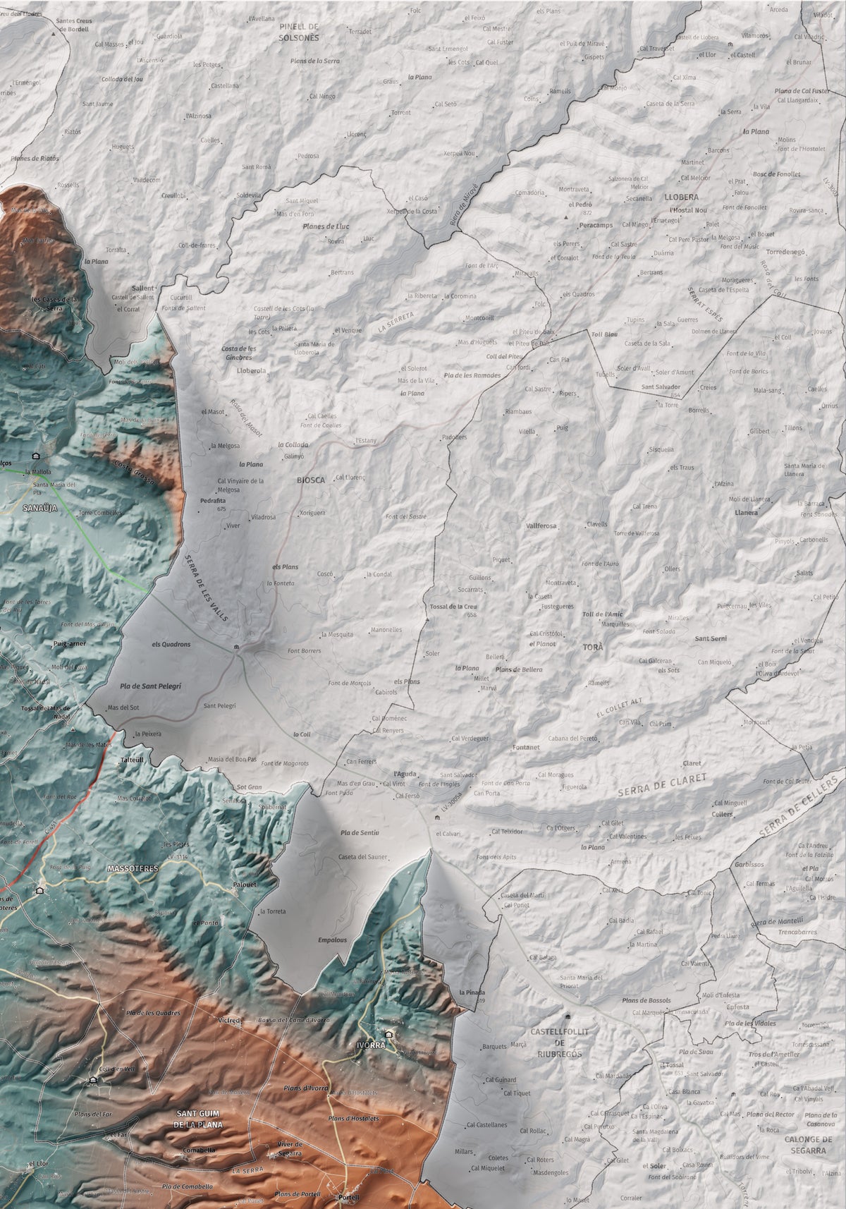 Mapa de relleu de la Segarra, amb el territori en color i l’entorn en blanc. Detall de la part superior dreta. 70 × 100 cm. Estil Blau i taronja.