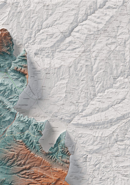Mapa de relleu de la Segarra, amb el territori en color i l’entorn en blanc. Detall de la part superior dreta. 70 × 100 cm. Estil Blau i taronja.