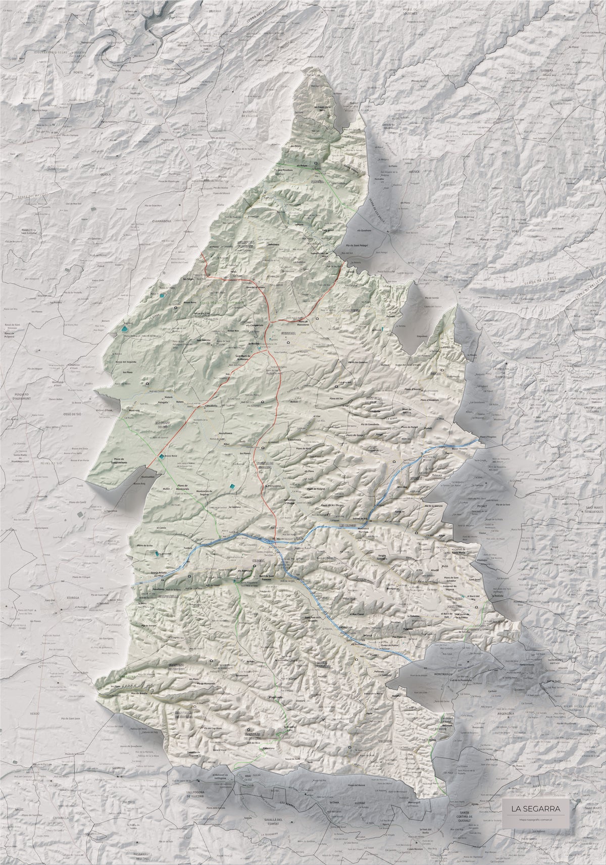Mapa de relleu de la Segarra, amb el territori en color i l’entorn en blanc. Vista completa de la làmina. 70 × 100 cm. Estil Cartogràfic.