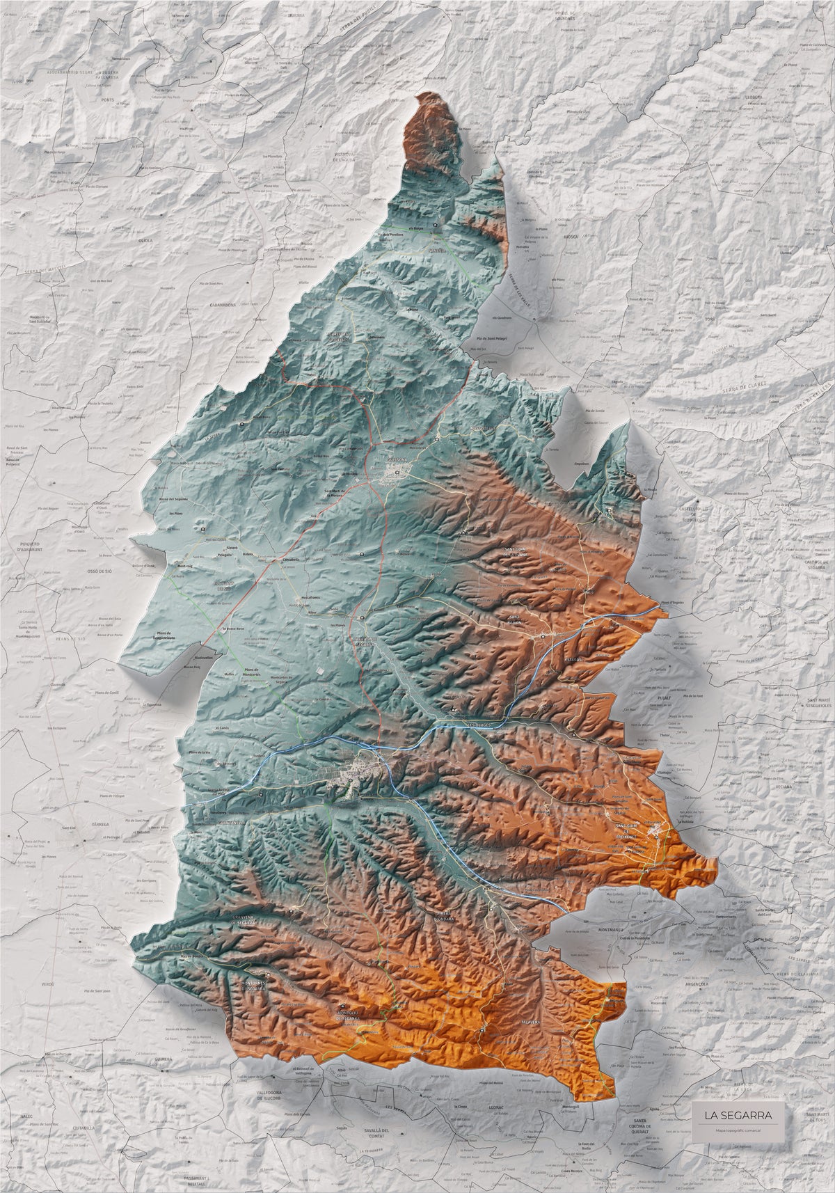 Mapa de relleu de la Segarra, amb el territori en color i l’entorn en blanc. Vista completa de la làmina. 70 × 100 cm. Estil Blau i taronja.