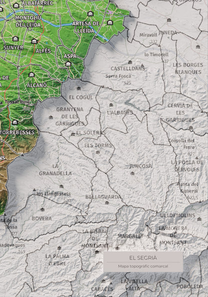 Mapa de relieve del Segrià, con el territorio en color y el entorno en blanco. Detalle de la zona inferior derecha. 21 × 30 cm. Estilo Clásico.