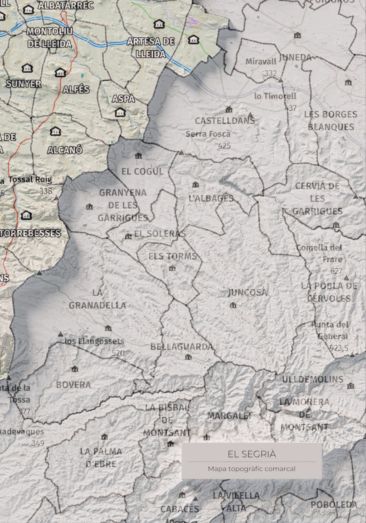 Mapa de relieve del Segrià, con el territorio en color y el entorno en blanco. Detalle de la zona inferior derecha. 21 × 30 cm. Estilo Cartográfico.
