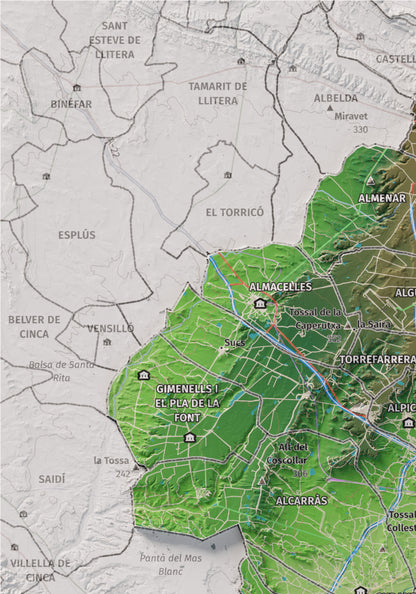 Mapa de relieve del Segrià, con el territorio en color y el entorno en blanco. Detalle de la zona superior izquierda. 21 × 30 cm. Estilo Clásico.