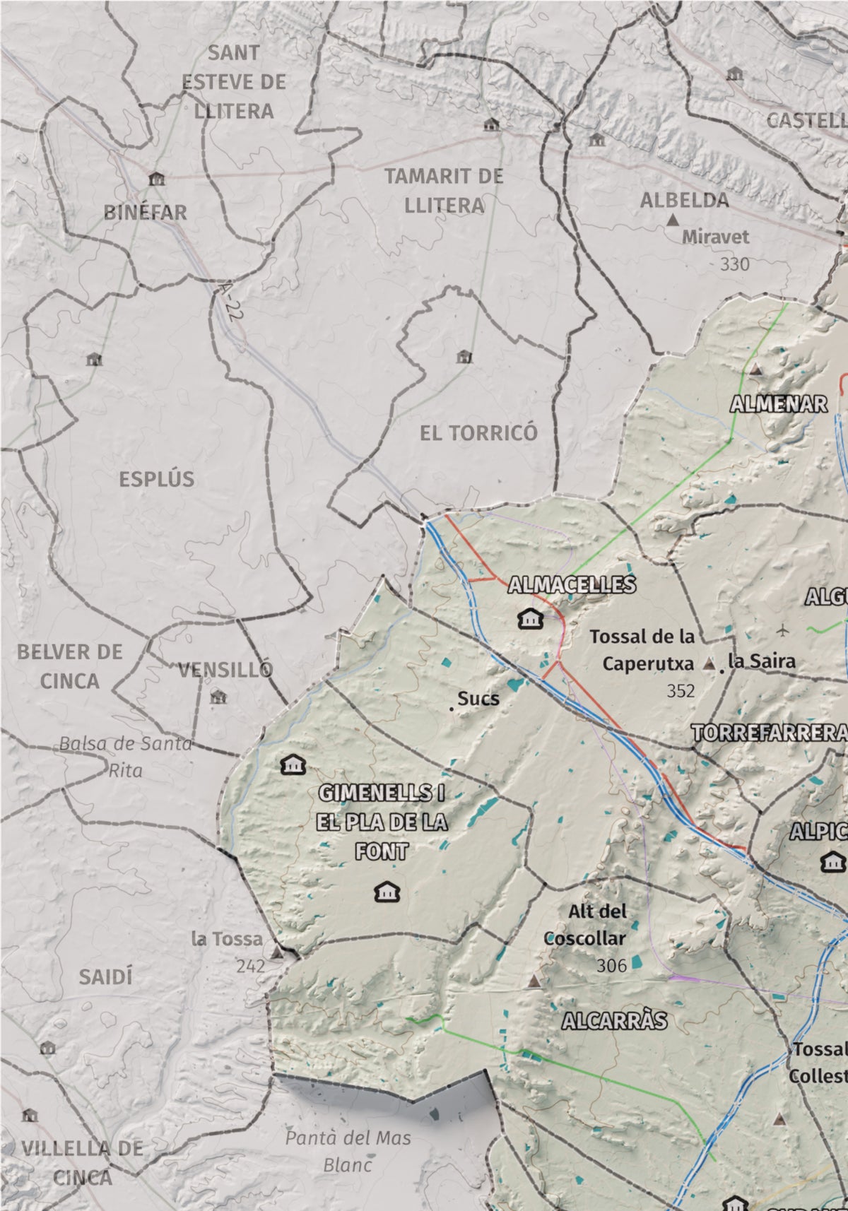 Mapa de relieve del Segrià, con el territorio en color y el entorno en blanco. Detalle de la zona superior izquierda. 21 × 30 cm. Estilo Cartográfico.