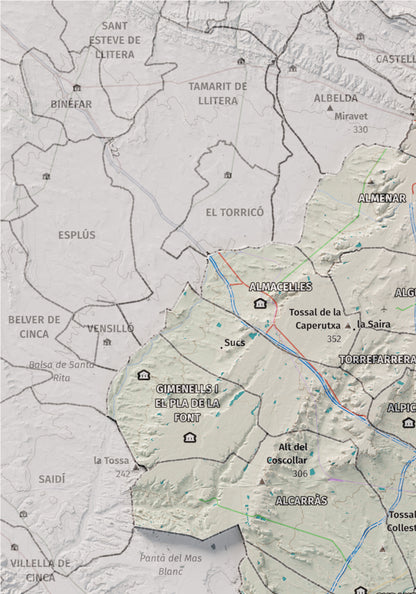 Mapa de relieve del Segrià, con el territorio en color y el entorno en blanco. Detalle de la zona superior izquierda. 21 × 30 cm. Estilo Cartográfico.