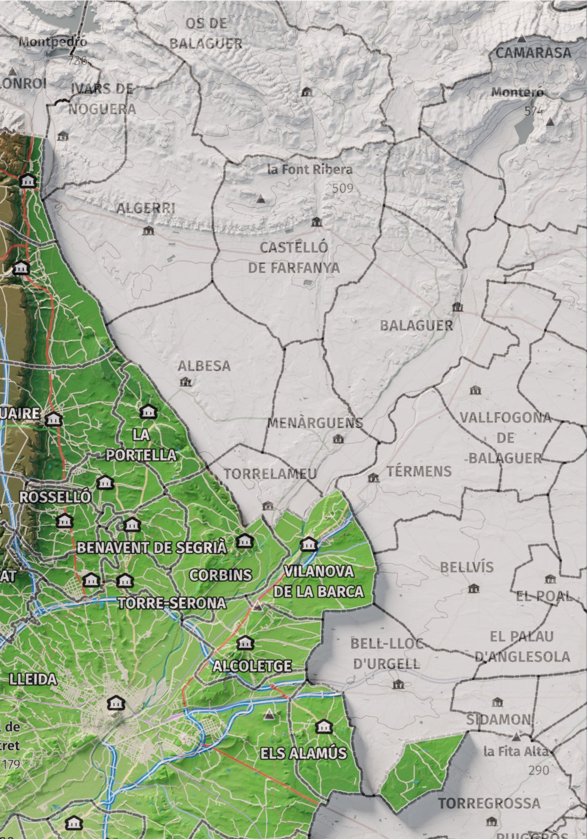 Mapa de relieve del Segrià, con el territorio en color y el entorno en blanco. Detalle de la zona superior derecha. 21 × 30 cm. Estilo Clásico.