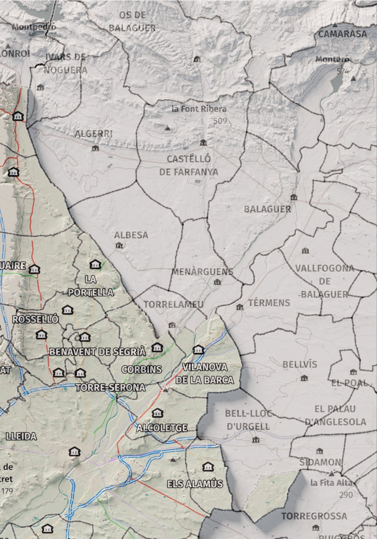 Mapa de relieve del Segrià, con el territorio en color y el entorno en blanco. Detalle de la zona superior derecha. 21 × 30 cm. Estilo Cartográfico.