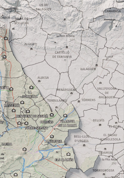Mapa de relieve del Segrià, con el territorio en color y el entorno en blanco. Detalle de la zona superior derecha. 21 × 30 cm. Estilo Cartográfico.