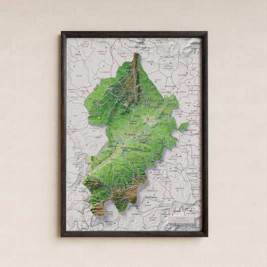 Mapa de relieve del Segrià, con el territorio en color y el entorno en blanco. Presentación con marco. 21 × 30 cm. Estilo Clásico.