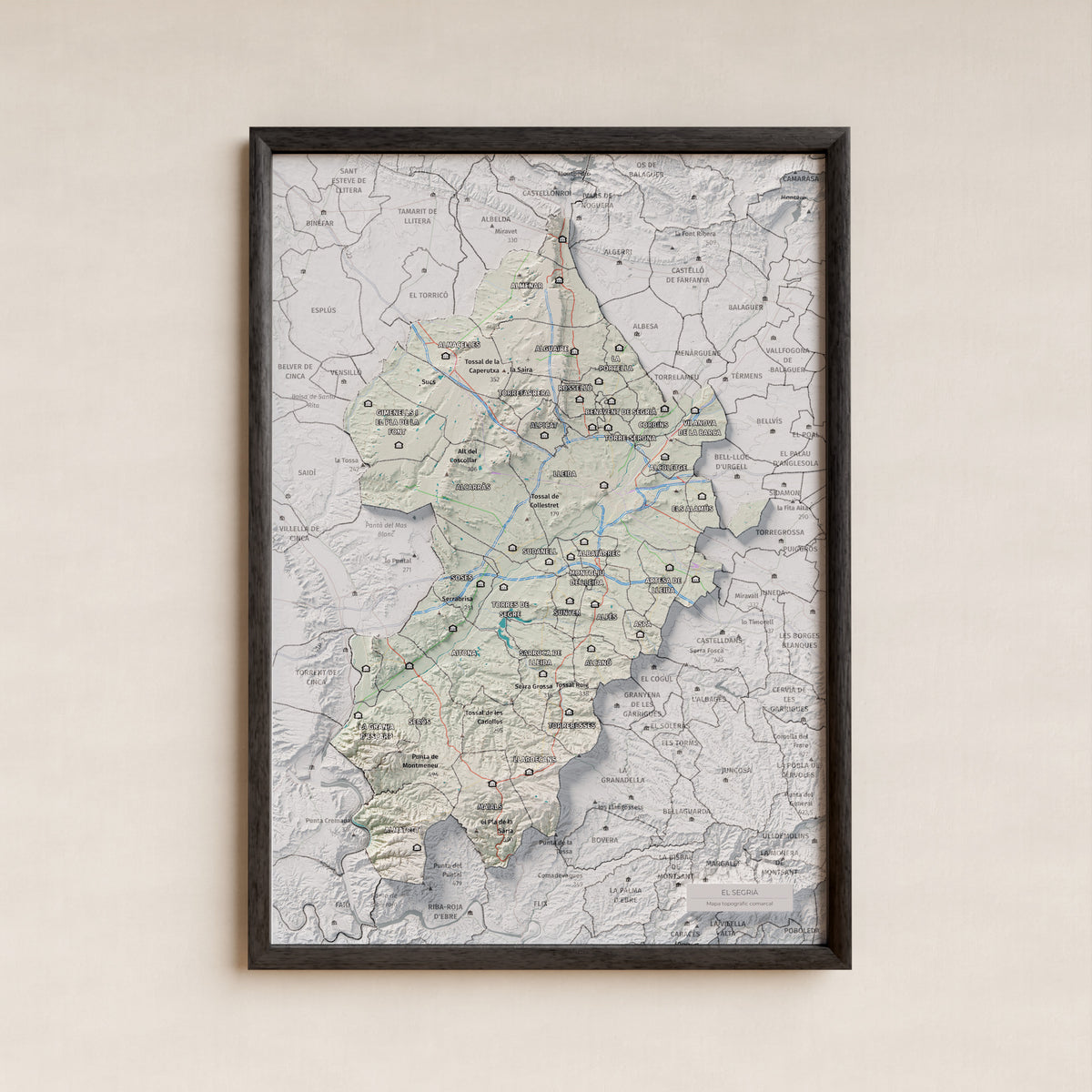 Mapa de relieve del Segrià, con el territorio en color y el entorno en blanco. Presentación con marco. 21 × 30 cm. Estilo Cartográfico.