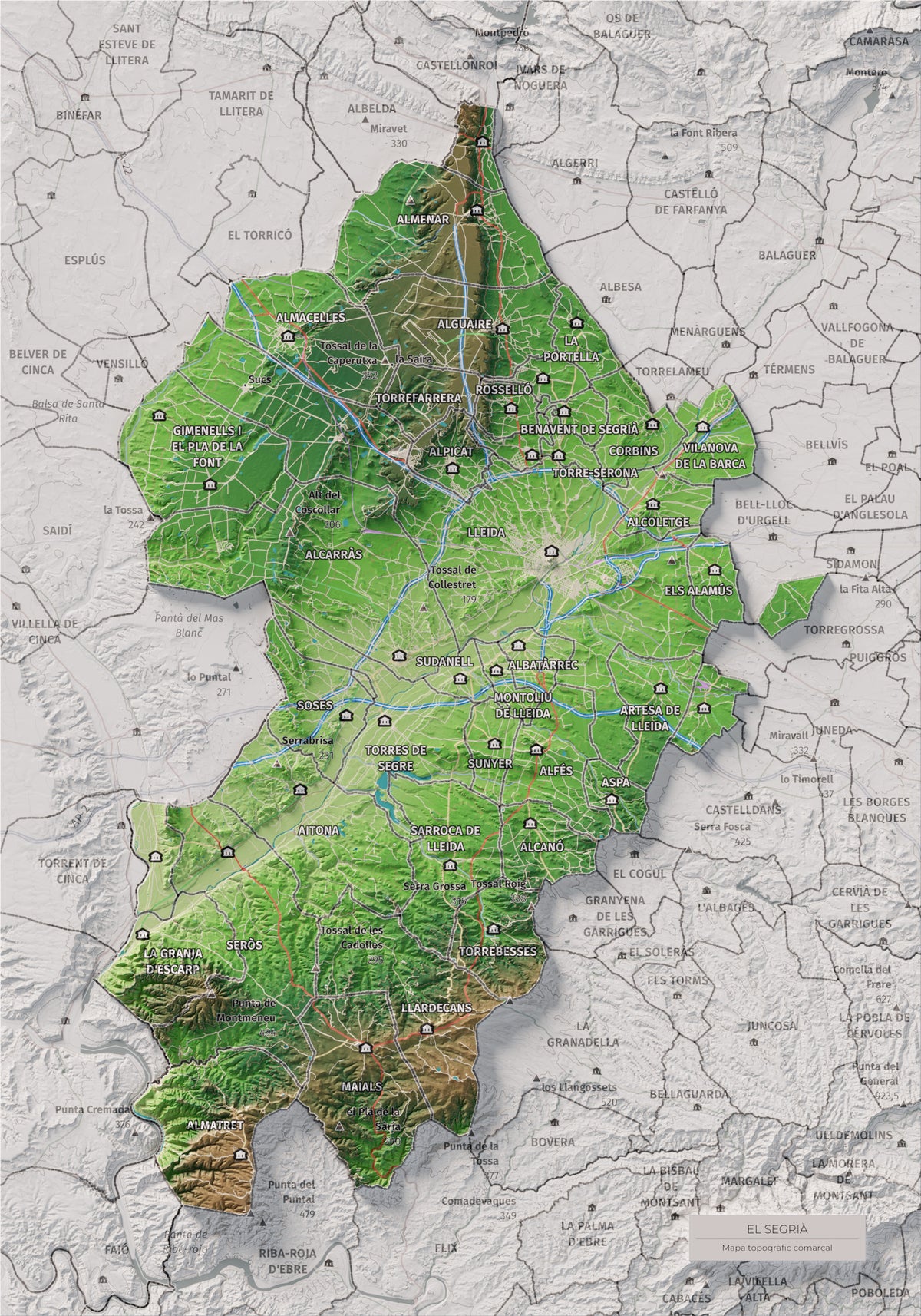 Mapa de relieve del Segrià, con el territorio en color y el entorno en blanco. Vista completa de la lámina. 21 × 30 cm. Estilo Clásico.