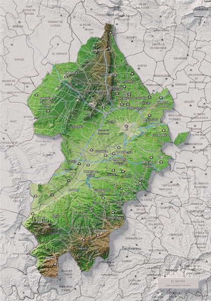 Mapa de relieve del Segrià, con el territorio en color y el entorno en blanco. Vista completa de la lámina. 21 × 30 cm. Estilo Clásico.