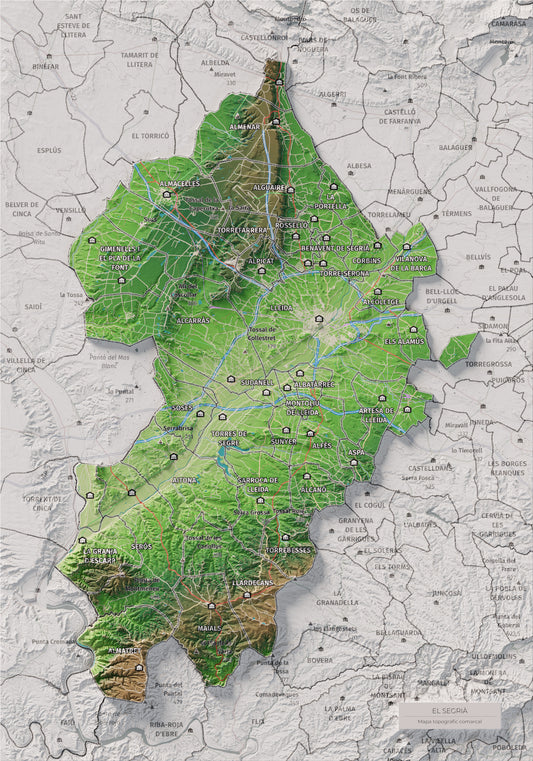 Mapa de relieve del Segrià, con el territorio en color y el entorno en blanco. Vista completa de la lámina. 21 × 30 cm. Estilo Clásico.