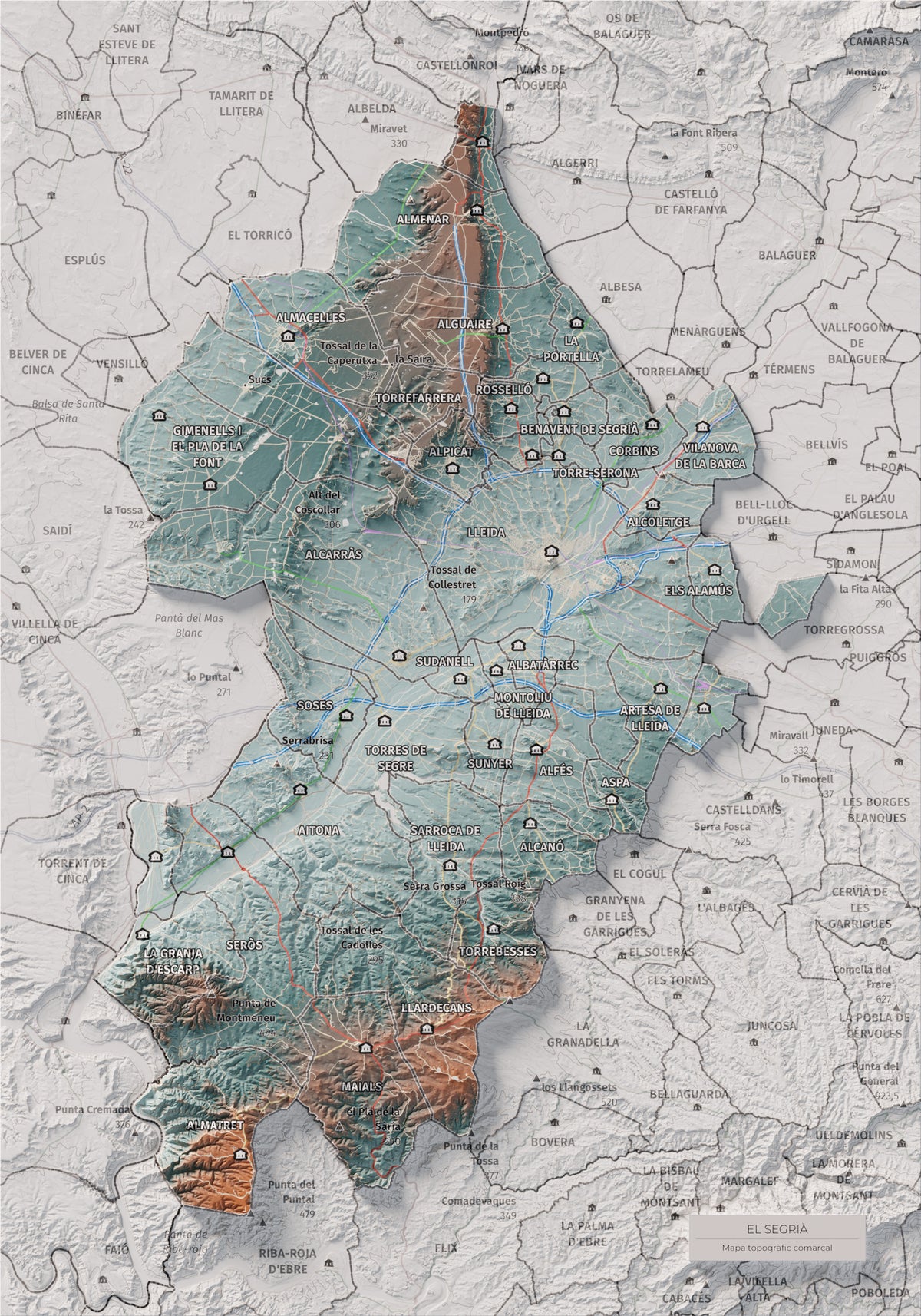 Mapa de relieve del Segrià, con el territorio en color y el entorno en blanco. Vista completa de la lámina. 21 × 30 cm. Estilo Azul y naranja.