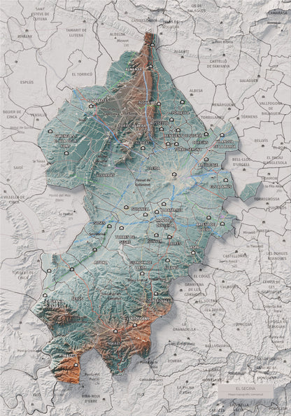 Mapa de relieve del Segrià, con el territorio en color y el entorno en blanco. Vista completa de la lámina. 21 × 30 cm. Estilo Azul y naranja.