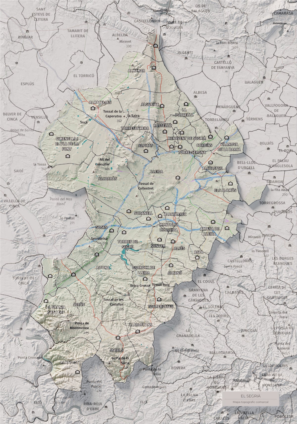 Mapa de relieve del Segrià, con el territorio en color y el entorno en blanco. Vista completa de la lámina. 21 × 30 cm. Estilo Cartográfico.