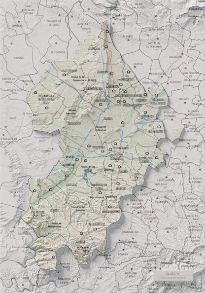 Mapa de relieve del Segrià, con el territorio en color y el entorno en blanco. Vista completa de la lámina. 21 × 30 cm. Estilo Cartográfico.