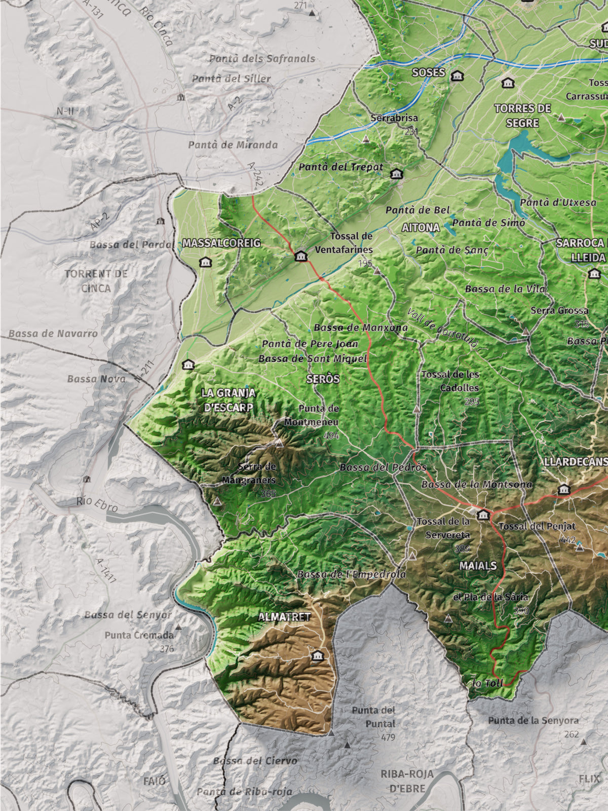 Mapa de relieve del Segrià, con el territorio en color y el entorno en blanco. Detalle de la zona inferior izquierda. 30 × 40 cm. Estilo Clásico.
