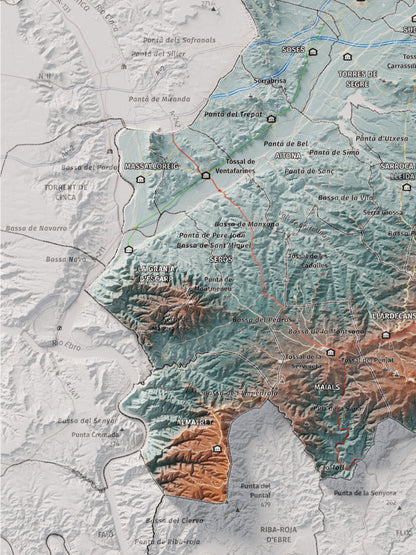 Mapa de relieve del Segrià, con el territorio en color y el entorno en blanco. Detalle de la zona inferior izquierda. 30 × 40 cm. Estilo Azul y naranja.