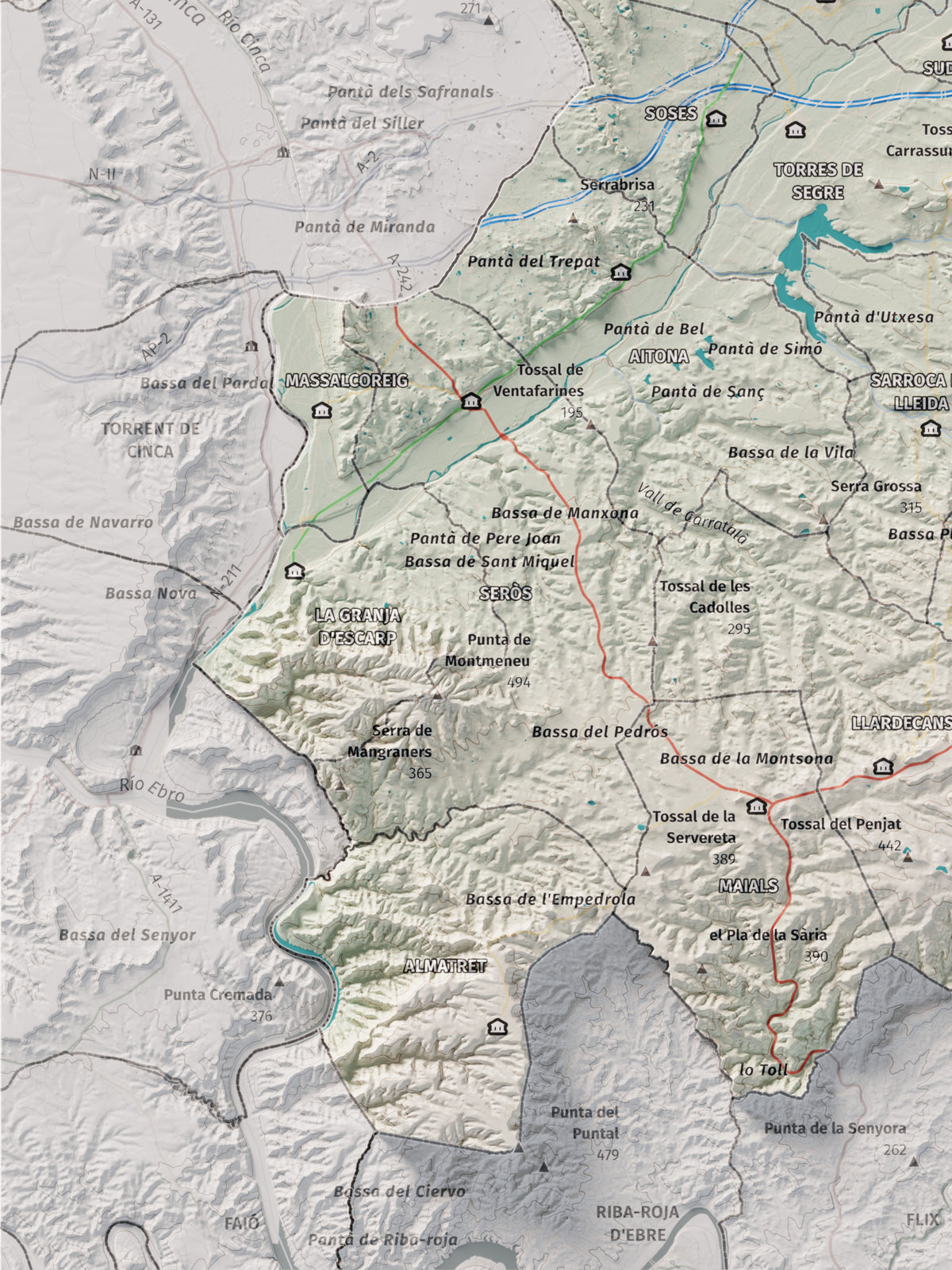 Mapa de relieve del Segrià, con el territorio en color y el entorno en blanco. Detalle de la zona inferior izquierda. 30 × 40 cm. Estilo Cartográfico.