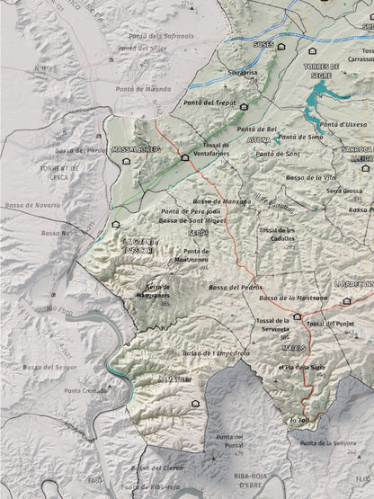 Mapa de relieve del Segrià, con el territorio en color y el entorno en blanco. Detalle de la zona inferior izquierda. 30 × 40 cm. Estilo Cartográfico.