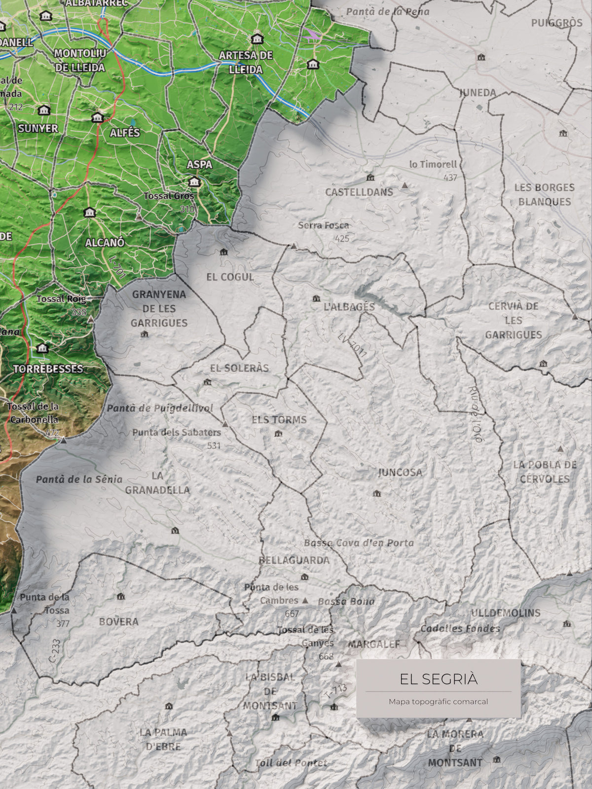Mapa de relieve del Segrià, con el territorio en color y el entorno en blanco. Detalle de la zona inferior derecha. 30 × 40 cm. Estilo Clásico.