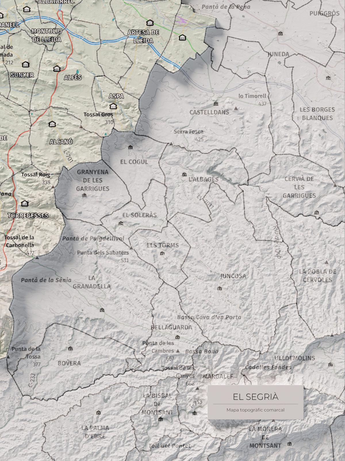 Mapa de relieve del Segrià, con el territorio en color y el entorno en blanco. Detalle de la zona inferior derecha. 30 × 40 cm. Estilo Cartográfico.