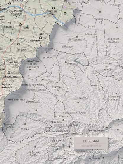 Mapa de relieve del Segrià, con el territorio en color y el entorno en blanco. Detalle de la zona inferior derecha. 30 × 40 cm. Estilo Cartográfico.
