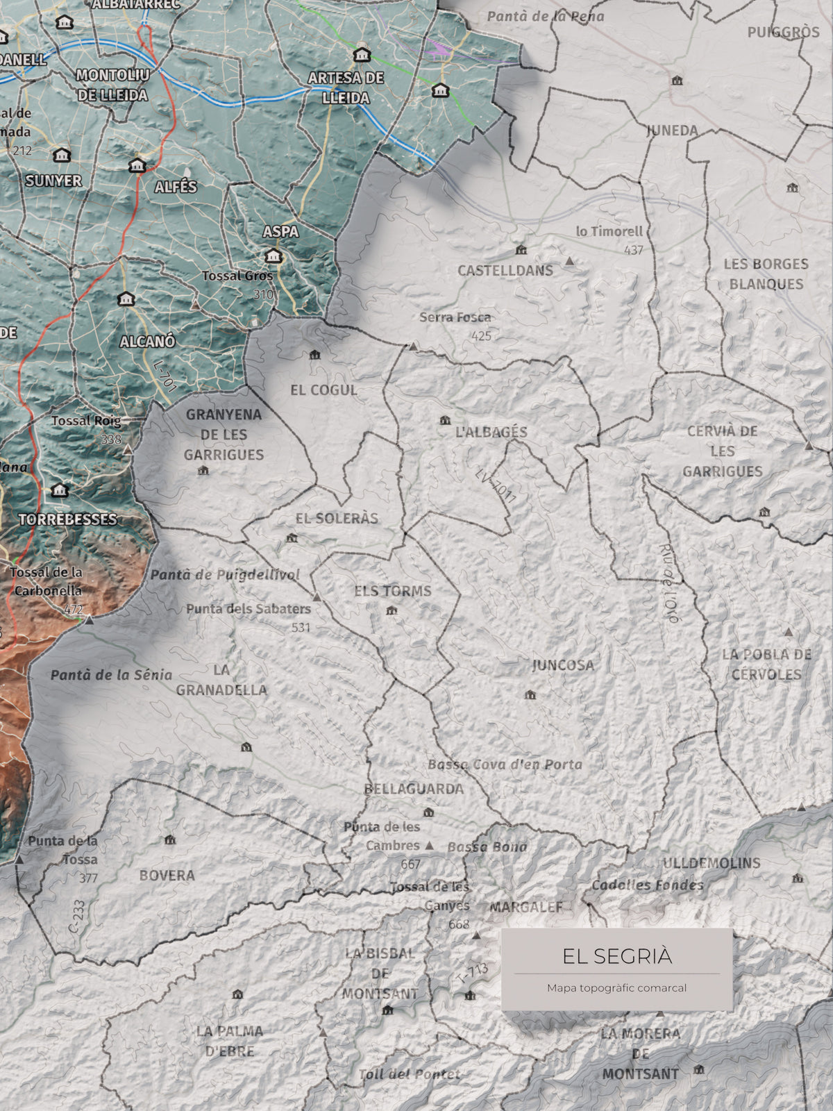 Mapa de relieve del Segrià, con el territorio en color y el entorno en blanco. Detalle de la zona inferior derecha. 30 × 40 cm. Estilo Azul y naranja.