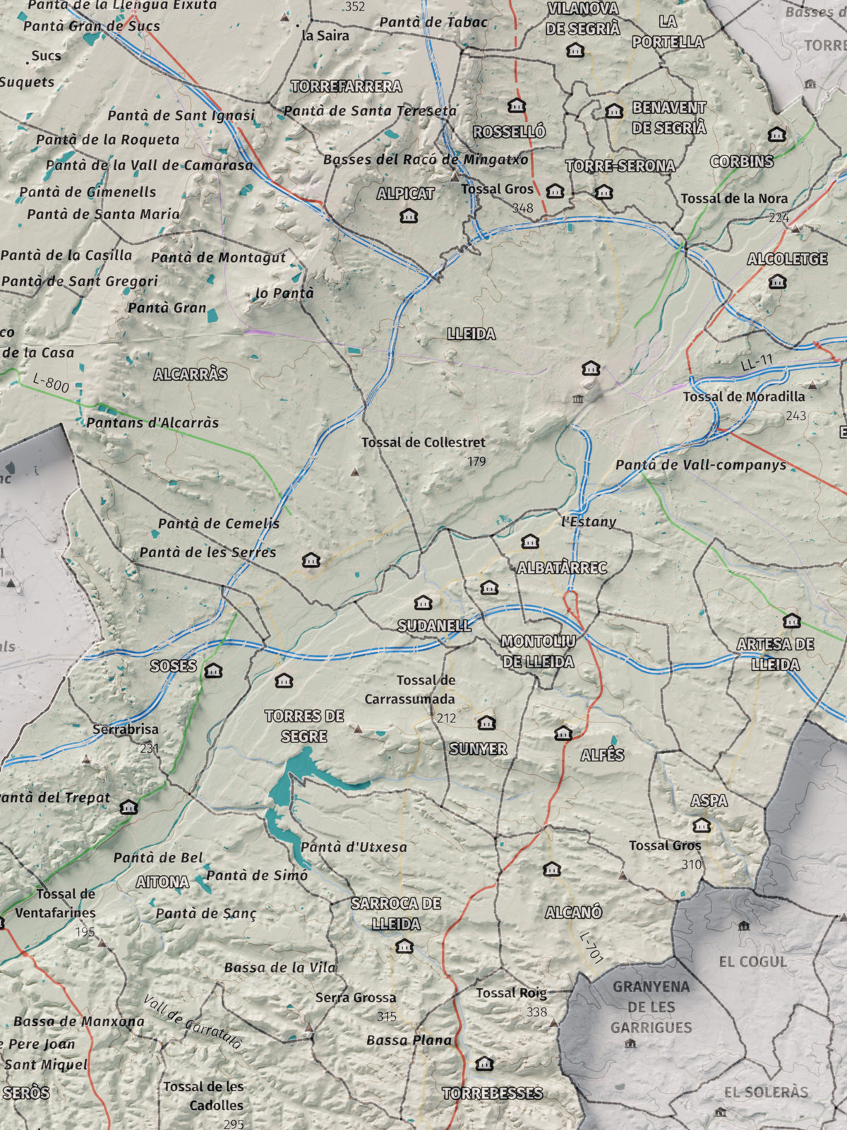 Mapa de relieve del Segrià, con el territorio en color y el entorno en blanco. Detalle de la zona central. 30 × 40 cm. Estilo Cartográfico.