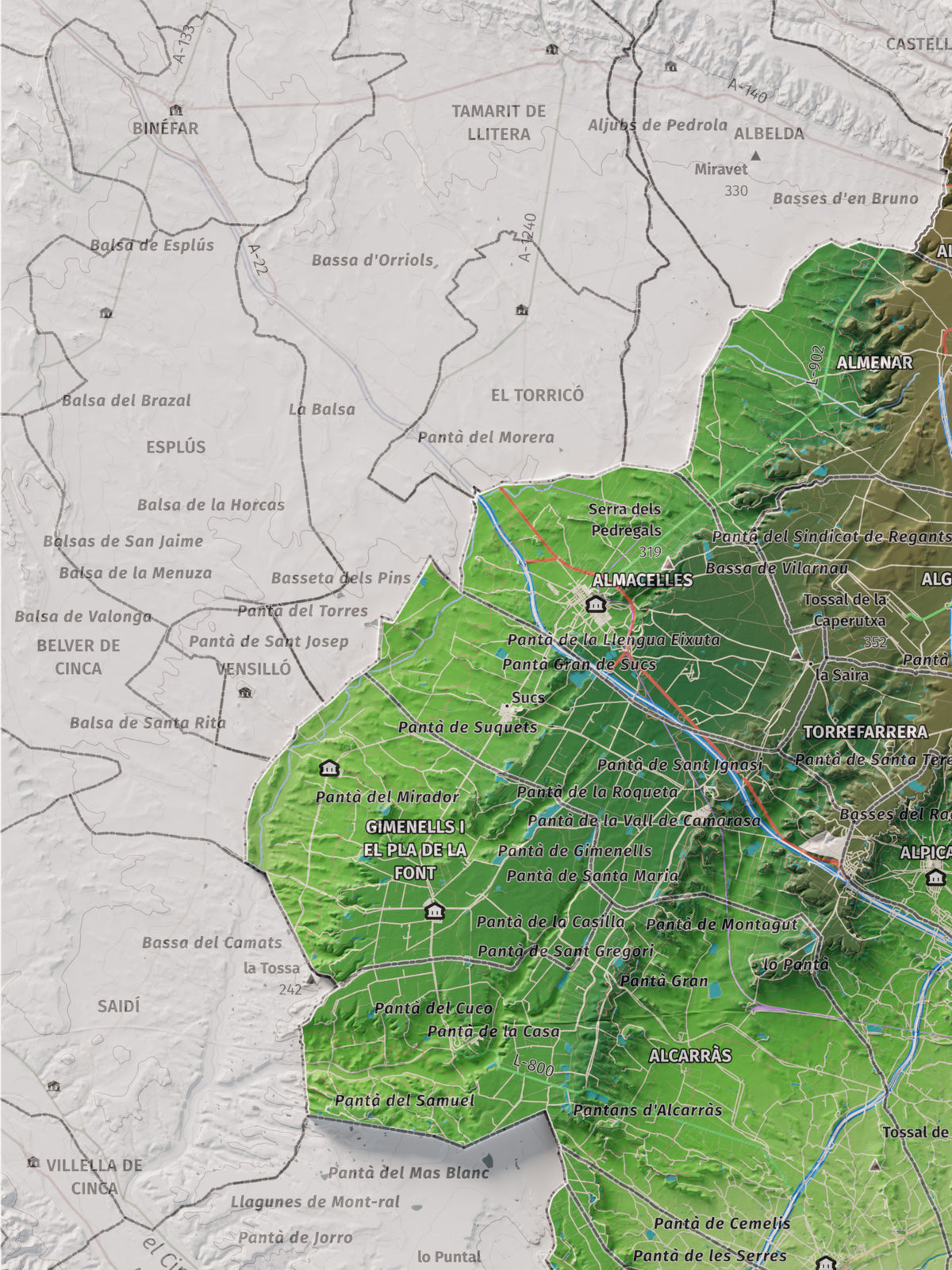 Mapa de relieve del Segrià, con el territorio en color y el entorno en blanco. Detalle de la zona superior izquierda. 30 × 40 cm. Estilo Clásico.