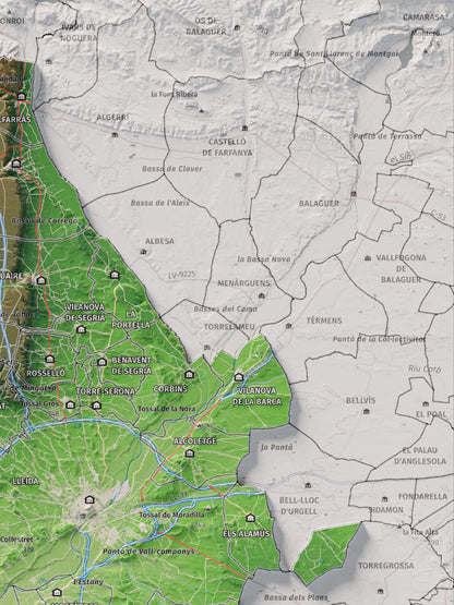 Mapa de relieve del Segrià, con el territorio en color y el entorno en blanco. Detalle de la zona superior derecha. 30 × 40 cm. Estilo Clásico.