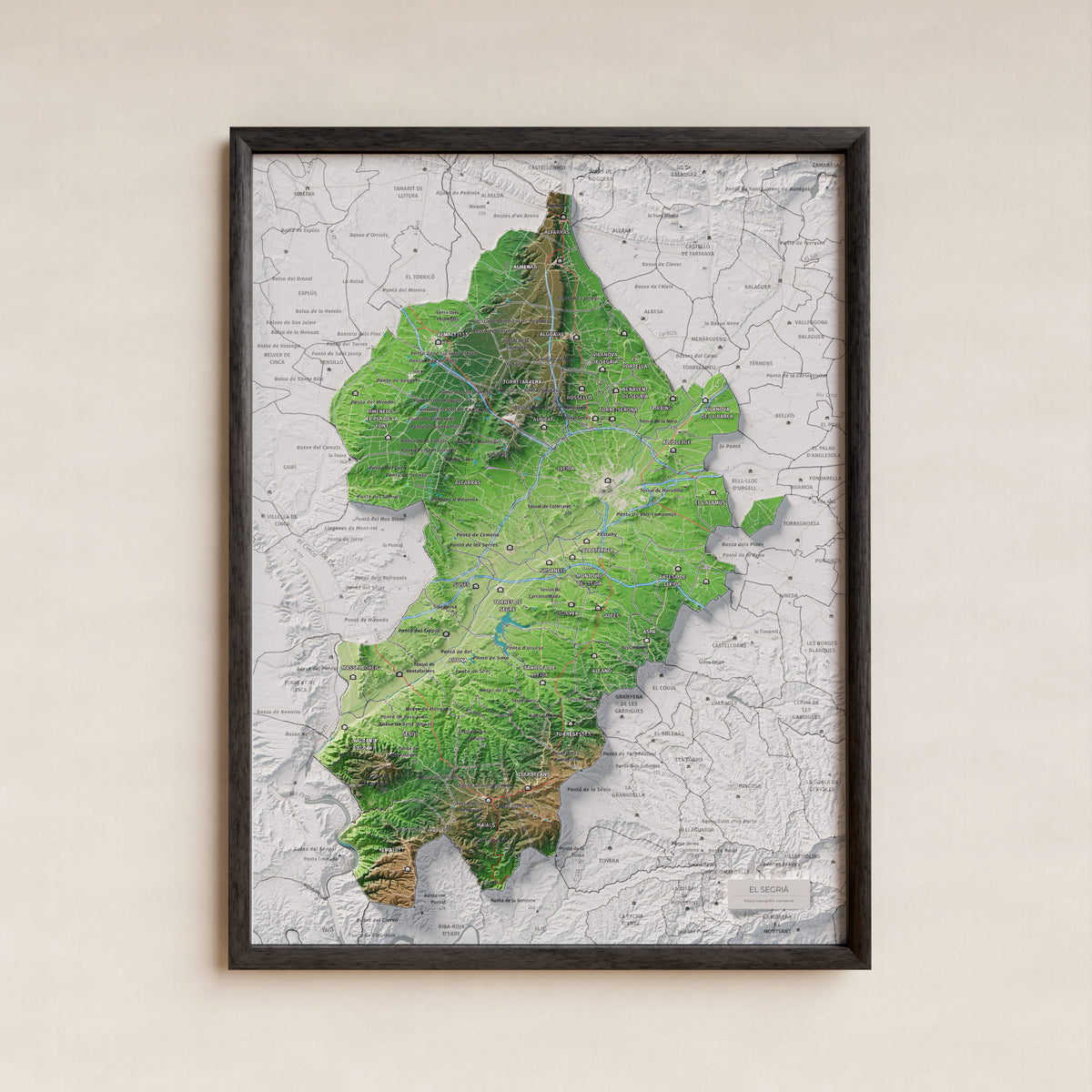 Mapa de relieve del Segrià, con el territorio en color y el entorno en blanco. Presentación con marco. 30 × 40 cm. Estilo Clásico.