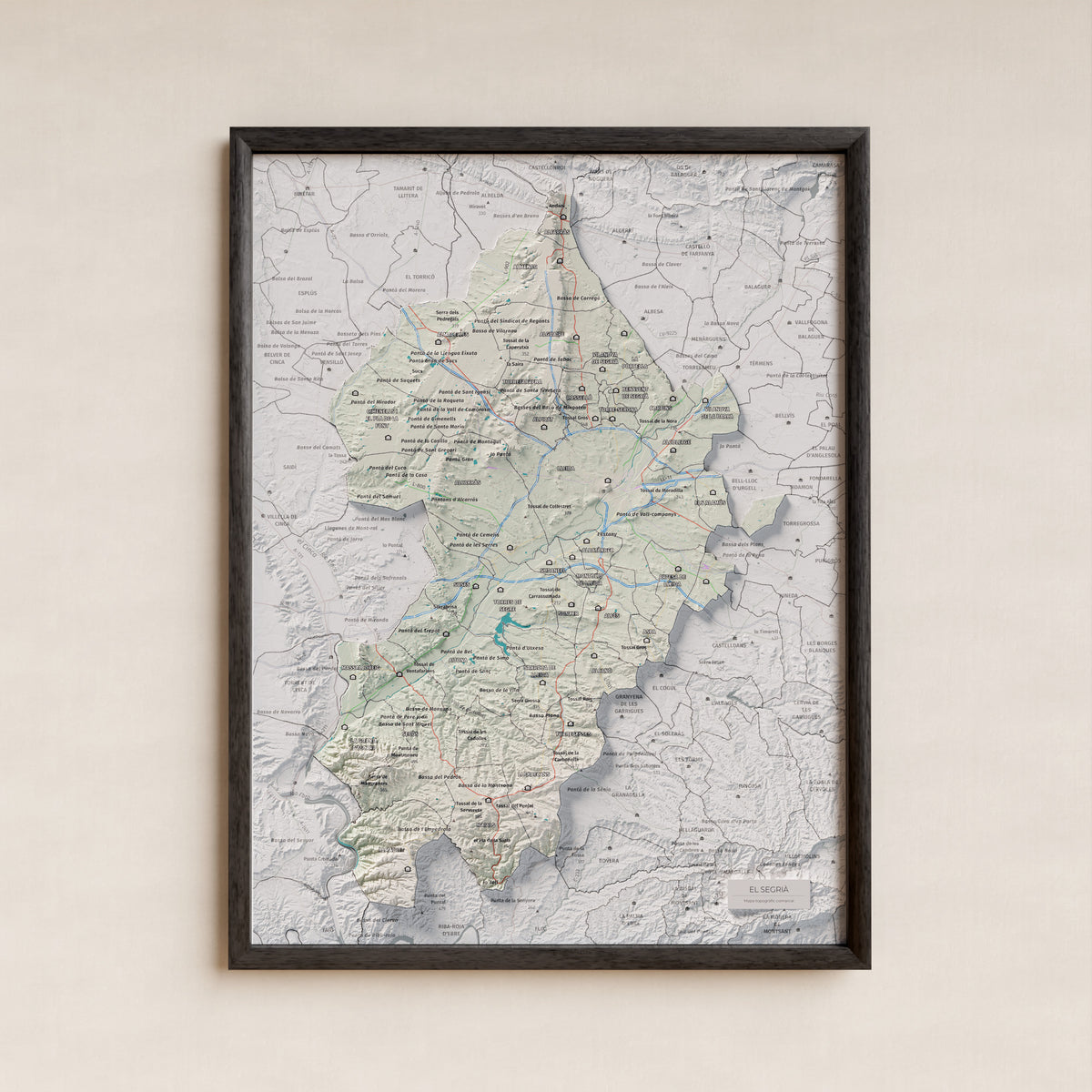 Mapa de relieve del Segrià, con el territorio en color y el entorno en blanco. Presentación con marco. 30 × 40 cm. Estilo Cartográfico.