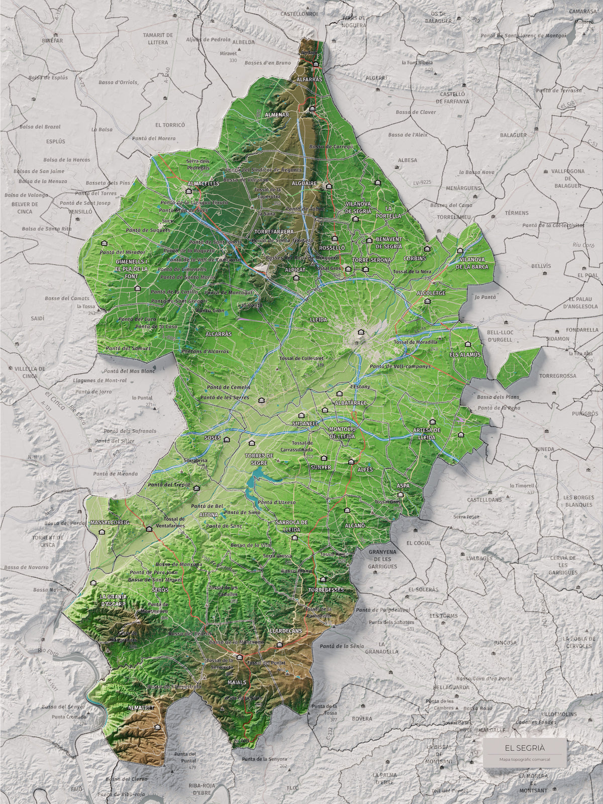 Mapa de relieve del Segrià, con el territorio en color y el entorno en blanco. Vista completa de la lámina. 30 × 40 cm. Estilo Clásico.