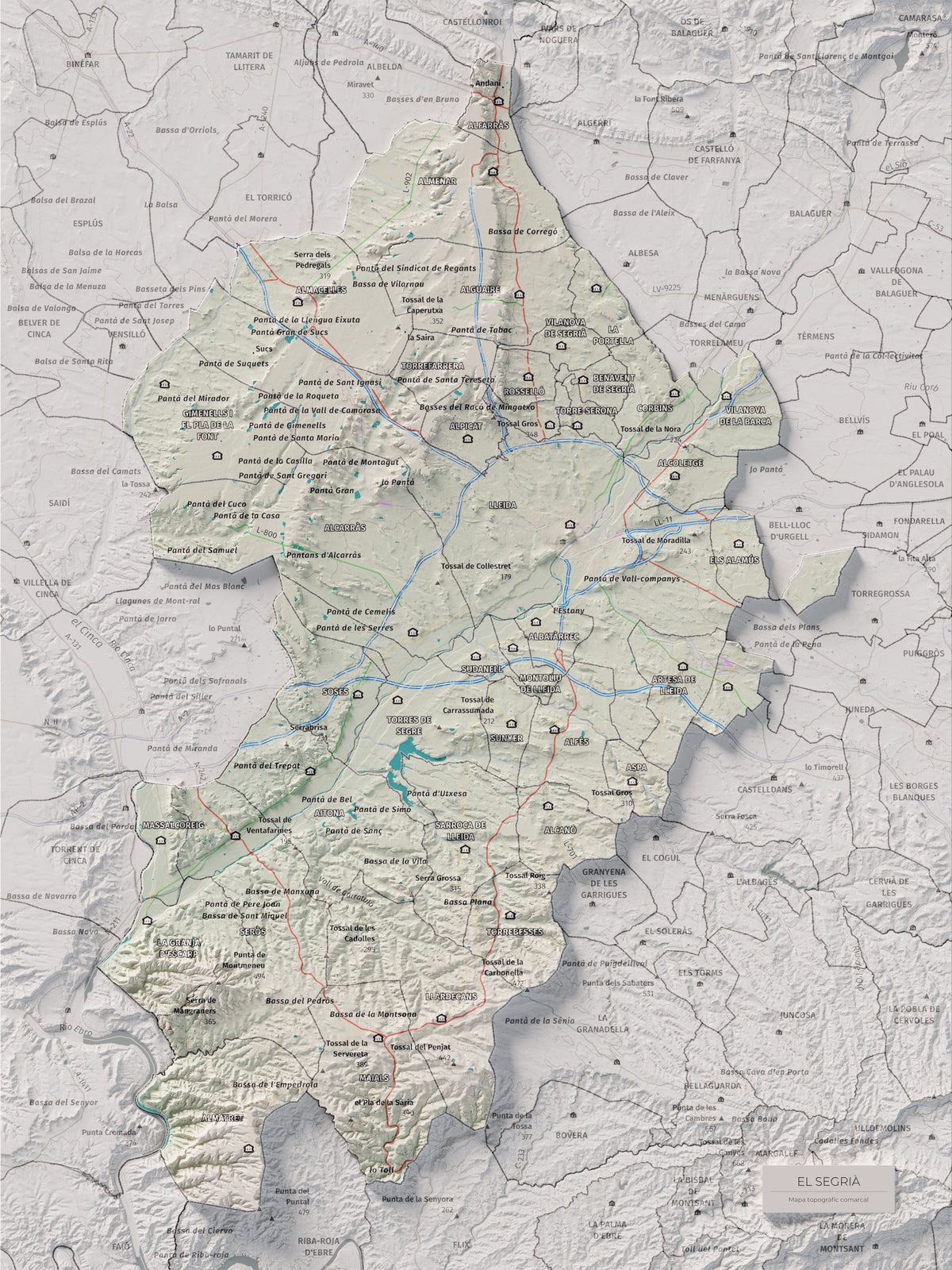 Mapa de relieve del Segrià, con el territorio en color y el entorno en blanco. Vista completa de la lámina. 30 × 40 cm. Estilo Cartográfico.
