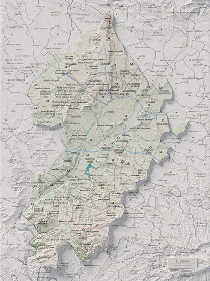 Mapa de relieve del Segrià, con el territorio en color y el entorno en blanco. Vista completa de la lámina. 30 × 40 cm. Estilo Cartográfico.