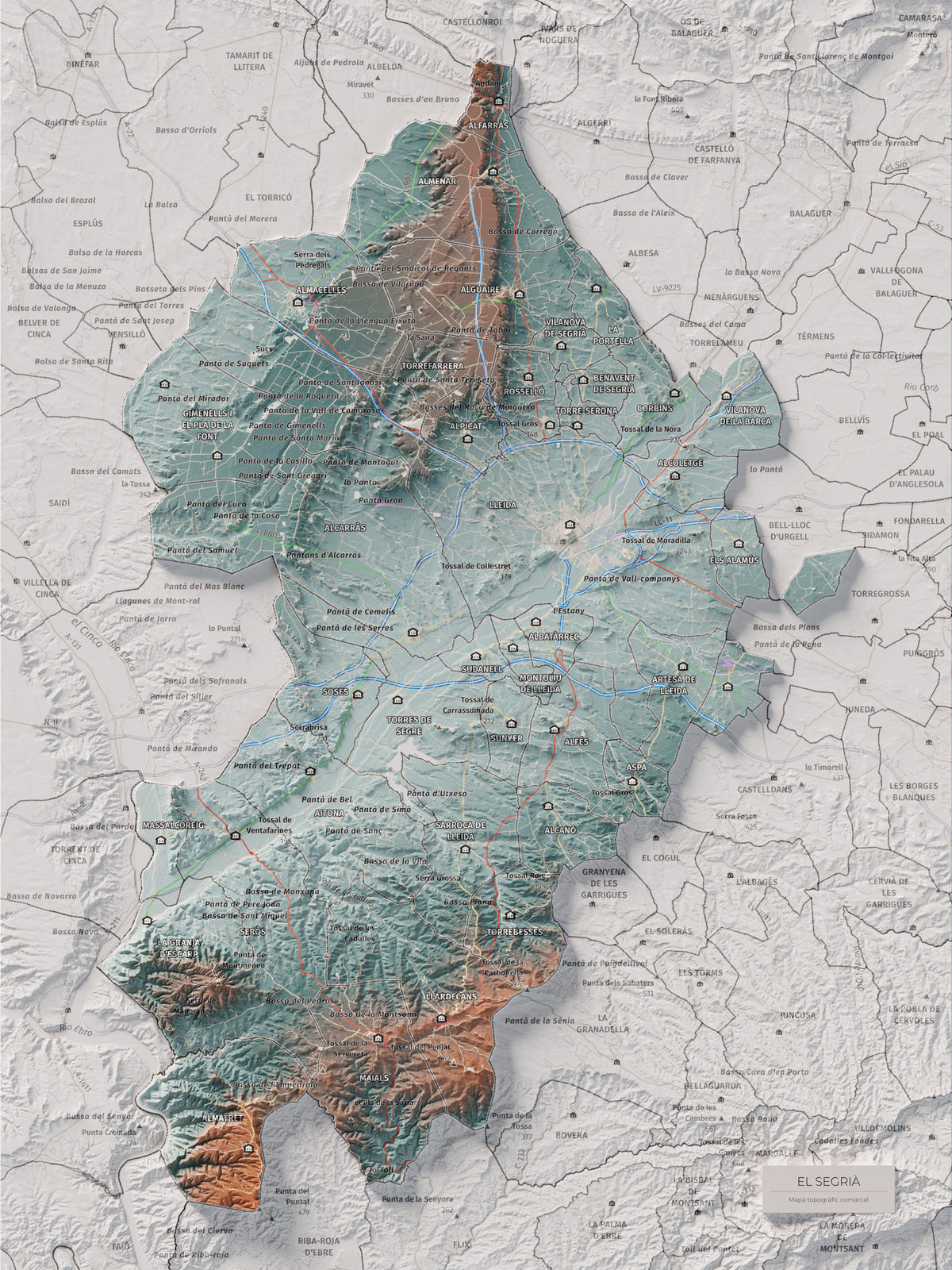 Mapa de relieve del Segrià, con el territorio en color y el entorno en blanco. Vista completa de la lámina. 30 × 40 cm. Estilo Azul y naranja.