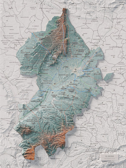 Mapa de relieve del Segrià, con el territorio en color y el entorno en blanco. Vista completa de la lámina. 30 × 40 cm. Estilo Azul y naranja.