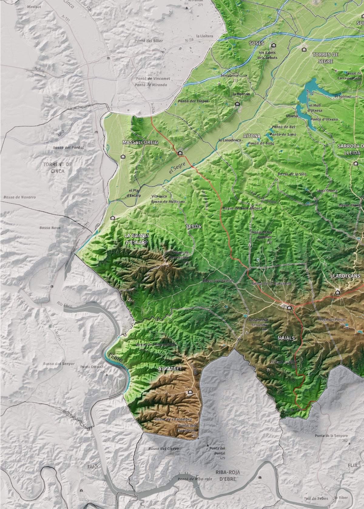 Mapa de relieve del Segrià, con el territorio en color y el entorno en blanco. Detalle de la zona inferior izquierda. 50 × 70 cm. Estilo Clásico.