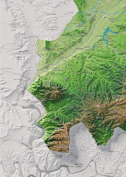 Mapa de relieve del Segrià, con el territorio en color y el entorno en blanco. Detalle de la zona inferior izquierda. 50 × 70 cm. Estilo Clásico.