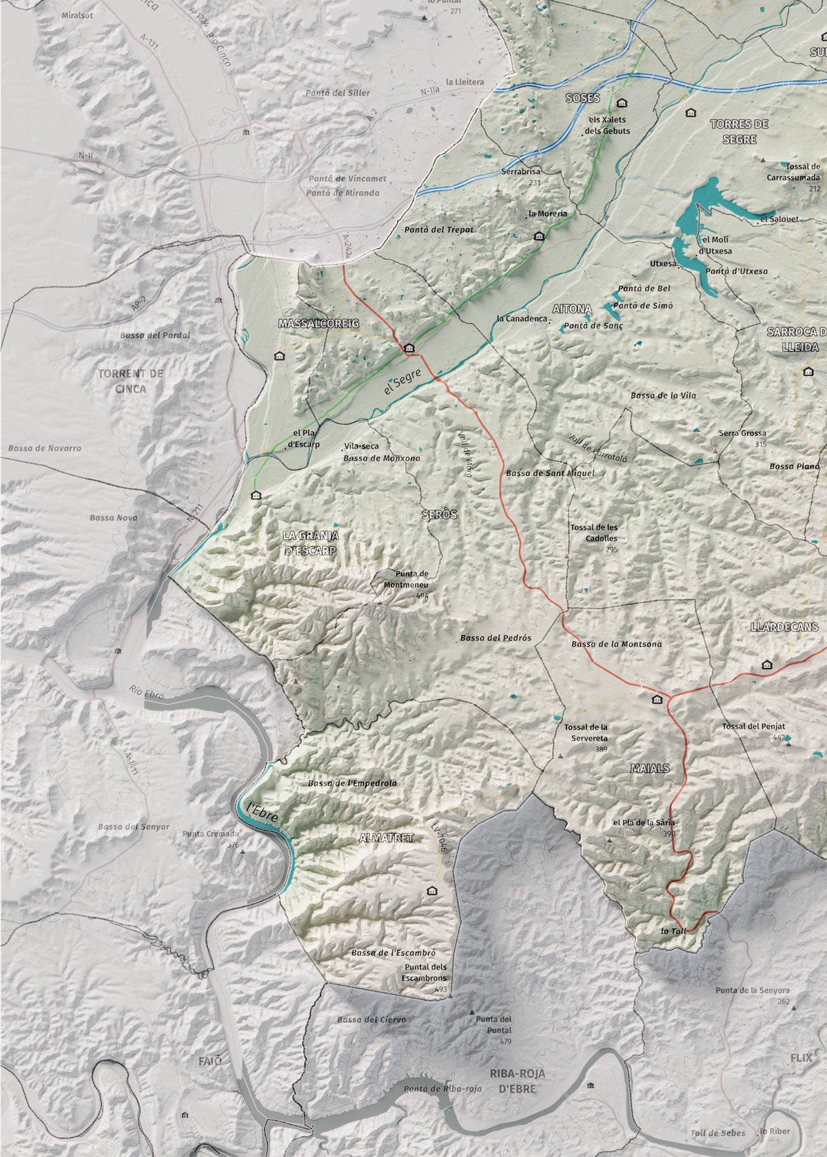 Mapa de relieve del Segrià, con el territorio en color y el entorno en blanco. Detalle de la zona inferior izquierda. 50 × 70 cm. Estilo Cartográfico.