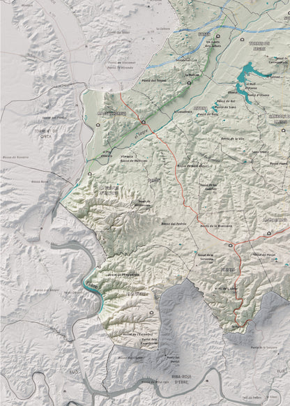 Mapa de relieve del Segrià, con el territorio en color y el entorno en blanco. Detalle de la zona inferior izquierda. 50 × 70 cm. Estilo Cartográfico.